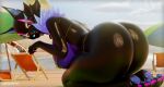  3d_(artwork) absurd_res anthro beach big_breasts big_butt black_body black_fur breasts butt canid canine canis digital_media_(artwork) epic_games female fortnite fur hi_res huge_butt joshiensfw looking_at_viewer mammal pack_leader_highwire public seaside solo teasing watermark wolf 