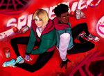  1boy 1girl back-to-back black_hair blonde_hair bodysuit bodysuit_under_clothes colored_tips dark-skinned_male dark_skin graffiti gwen_stacy hood hoodie jacket marvel miles_morales multicolored_hair sethkiel shoes sitting smile sneakers spider-gwen spider-man:_across_the_spider-verse spider-man_(miles_morales) spider-man_(series) spider_web_print spray_can 