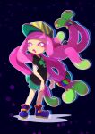  1girl absurdres afuron bangle baseball_cap blue_background blue_footwear blunt_bangs blush boots bracelet commentary_request drooling drop_shadow fish flat_chest full_body gradient_hair green_eyes green_hair green_skirt harmony&#039;s_clownfish_(splatoon) harmony_(splatoon) hat highres jewelry legs long_hair looking_to_the_side low-tied_long_hair miniskirt multicolored_hair open_mouth outline pink_hair pink_pupils pleated_skirt shirt short_sleeves sidelocks skirt solo_focus splatoon_(series) splatoon_3 standing striped striped_headwear tentacle_hair tentacles two-tone_hair white_outline yellow_headwear 