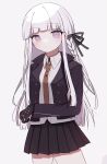  1girl black_gloves black_ribbon blunt_bangs braid brown_necktie collared_shirt cowboy_shot danganronpa:_trigger_happy_havoc danganronpa_(series) gloves grey_background hair_ribbon highres jacket kirigiri_kyoko long_hair long_sleeves looking_at_viewer miniskirt necktie open_clothes open_jacket pink_eyes purple_jacket ribbon ringo_ame_no_ria shirt side_braid simple_background single_braid skirt solo 