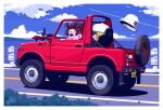  &gt;_&lt; baseball_cap blonde_hair bucket_hat bush car cloud contrail driving from_side hat hat_removed headwear_removed highres license_plate motor_vehicle ocean original satosio shadow signature sky smile summer suzuki_(company) suzuki_jimny vehicle_focus water white_headwear 