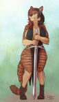  2023 anthro big_breasts black_hair blokfort blue_eyes breasts canid canine canis clothed clothing coyote felid female hair hi_res highlights_(coloring) hybrid longsword mammal melee_weapon pantherine simple_background skimpy solo standing stripes sword tiger weapon 