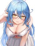  1girl absurdres ahoge bangs bare_shoulders bent_over blue_hair blush breasts camisole cleavage colored_tips crossed_bangs elf frilled_camisole frills glasses hair_between_eyes hair_ornament highres hololive large_breasts long_hair looking_at_viewer micon multicolored_hair open_mouth pointy_ears polka_dot polka_dot_camisole polka_dot_skirt skirt sleepwear solo streaked_hair virtual_youtuber white_camisole white_skirt yellow_eyes yukihana_lamy 