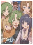  1boy 5girls apron black_shirt blonde_hair blue_hair brown_hair dated fang furude_rika green_eyes green_hair hairband hand_on_another&#039;s_cheek hand_on_another&#039;s_face highres higurashi_no_naku_koro_ni houjou_satoko light_blush maebara_keiichi maid maid_apron maid_headdress mugi062 multiple_girls open_mouth orange_shirt parted_bangs photobomb ryuuguu_rena shirt signature skin_fang sonozaki_mion sonozaki_shion taking_picture v white_shirt yellow_shirt 