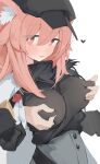  1boy 1girl animal_ear_fluff animal_ears arknights black_headwear breasts covered_nipples gravel_(arknights) hair_between_eyes hat hetero highres large_breasts mikozin nipple_tweak_through_clothes pink_eyes pink_hair solo_focus turtleneck 