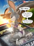  absurd_res anthro bikini bra breasts butt car car_wash clothed clothing digital_media_(artwork) disney female hi_res judy_hopps link6432 looking_at_viewer mammal outside panties smile solo swimwear text underwear vehicle wet zootopia 
