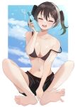  1girl absurdres barefoot bikini black_bikini black_shorts blue_sky blurry blurry_background blush breasts closed_eyes cloud cloudy_sky collarbone eyelashes feet hair_between_eyes highres holding knees_up legs love_live! love_live!_nijigasaki_high_school_idol_club medium_breasts navel on_ground open_mouth pukonuu ramune shadow shorts signature sitting sky smile soles solo spread_toes stomach strap_slip swimsuit takasaki_yuu thighs toenails toes twintails 