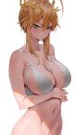  1girl absurdres artoria_pendragon_(fate) artoria_pendragon_(lancer)_(fate) blonde_hair blush bottomless bra braid breasts cleavage collarbone crown dated_commentary fate/grand_order fate_(series) green_eyes groin hair_between_eyes highres large_breasts looking_at_viewer navel out-of-frame_censoring rororo sideboob sidelocks simple_background solo stomach underwear underwear_only upper_body white_background white_bra 