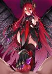  1boy 1girl bare_shoulders black_dress black_eyes black_headwear black_thighhighs black_wings blush breasts censored character_request dress fate/grand_order fate_(series) feet footjob hair_ornament hetero heterochromia highres long_hair looking_at_viewer medium_breasts no_panties penis red_hair solo_focus thighhighs toes tsuki_tokage wings yellow_eyes 