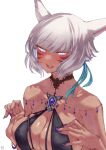  1girl absurdres alternate_breast_size animal_ears bare_shoulders blue_eyes blush bracelet breasts bright_pupils brooch cat_ears clothes_pull collar dark-skinned_female dark_skin english_commentary facial_mark final_fantasy final_fantasy_xiv fingernails grey_hair hair_ornament half-closed_eyes hands_up highres hjz_(artemi) jewelry large_breasts light_smile lips looking_at_viewer miqo&#039;te nail_polish parted_lips pulled_by_self revision short_hair simple_background skindentation slit_pupils solo upper_body whisker_markings white_background white_pupils y&#039;shtola_rhul 