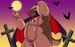  2023 anthro armpit_hair belly big_belly body_hair brown_body bulge canid canine canis domestic_dog halloween_costume hi_res humanoid_hands kemono male mammal mankini moobs moon nipples oogamikennta overweight overweight_male 
