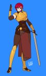  1girl armor belt blue_background blue_eyes breastplate dated fsnowzombie full_body gloves holding holding_weapon looking_at_viewer mole mole_under_mouth original pants piercing red_hair short_hair shoulder_armor signature simple_background solo sword weapon 