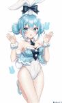  1girl :o absurdres animal_ears armpit_peek bare_shoulders bicute_bunnies_miku black_necktie blue_eyes blue_footwear blue_hair blue_nails blush breasts cleavage covered_navel detached_collar dot_nose double_bun fake_animal_ears fake_tail fishnet_pantyhose fishnets foot_up frilled_cuffs hair_between_eyes hair_bun hatsune_miku highleg highleg_leotard highres legs_together leotard looking_at_viewer medium_breasts nail_polish necktie noneon319 open_mouth pantyhose pixiv_username playboy_bunny pom_pom_(clothes) rabbit_ears rabbit_tail raised_eyebrows shoes short_hair sidelocks simple_background solo strapless strapless_leotard tail thigh_gap tie_clip vocaloid white_background white_leotard wrist_cuffs 
