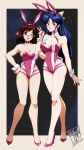  1980s_(style) 2girls absurdres adapted_costume amano_kazumi animal_ears bare_legs blue_eyes blue_hair bob_cut border bow breasts choker cleavage danmakuman fake_animal_ears full_body hair_bow hand_on_another&#039;s_waist hand_on_own_hip high_heels highres large_breasts leotard long_hair multiple_girls one_eye_closed open_mouth pink_choker pink_footwear pink_leotard playboy_bunny rabbit_ears red_eyes red_hair retro_artstyle short_hair sidelocks starry_background takaya_noriko top_wo_nerae! v white_border wrist_cuffs 