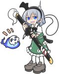  1girl black_bow black_bowtie black_hairband blue_eyes bow bowtie collared_shirt flower full_body ghost green_skirt green_vest grey_footwear grey_hair hairband hitodama holding holding_sword holding_weapon konpaku_youmu konpaku_youmu_(ghost) looking_at_viewer open_mouth parody puyopuyo shaded_face shinmon_akika shirt short_hair simple_background skirt solo standing style_parody sword touhou vest weapon white_background white_flower white_shirt 