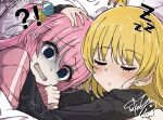  2girls @_@ ahoge ahoge_wag black_hoodie blonde_hair blue_eyes blush bocchi_the_rock! closed_eyes commentary_request cube_hair_ornament drinking_straw expressive_hair gloom_(expression) gotou_hitori hair_between_eyes hair_ornament head_hug hood hoodie ijichi_seika jacket long_hair long_sleeves lying multiple_girls one_side_up open_mouth pink_hair pink_jacket sidelocks signature sleeping sweatdrop takocyu_343 upper_body yuri 