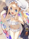  1girl abigail_williams_(fate) abigail_williams_(swimsuit_foreigner)_(fate) abigail_williams_(swimsuit_foreigner)_(third_ascension)_(fate) bare_shoulders bikini black_cat black_jacket blonde_hair blue_eyes blush bonnet bow breasts cat fate/grand_order fate_(series) forehead hair_bow highres innertube jacket long_hair looking_at_viewer miniskirt navel open_mouth parted_bangs ryofuhiko sidelocks skirt small_breasts smile solo swimsuit thighs twintails very_long_hair white_bikini white_bow white_headwear 