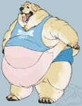  anthro baronshoebat belly belly_overhang big_belly bird_dog bodily_fluids canid canine canis claws clothed clothing domestic_dog english_text fat_rolls fur golden_retriever hunting_dog love_handles male mammal morbidly_obese morbidly_obese_anthro morbidly_obese_male obese obese_anthro obese_male open_mouth overweight overweight_anthro overweight_male retriever saliva solo standing teeth text thick_thighs toe_claws tongue 