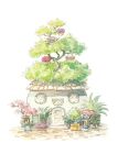  door english_commentary flower gloom_(pokemon) no_humans oddish oliver_hamlin painting_(medium) plant pokemon pokemon_(creature) potted_plant shop traditional_media tree vileplume watercolor_(medium) white_background window 