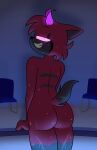  &lt;3 &lt;3_eyes anthro black_body black_fur butt canid canid_demon chair cream_(drcreamsoul) demon drcreamsoul fur furniture hellhound hi_res horn male mammal pink_horn pool red_body red_fur smile smiling_at_viewer solo tail wet 