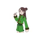  1girl commentary cosplay english_commentary erica_mendez gon_freecss gon_freecss_(cosplay) green_shorts han_megumi highres hunter_x_hunter little_witch_academia long_hair long_sleeves salamanderzero shorts solo voice_actor_connection white_background 