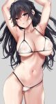  1girl armpits arms_up ass_visible_through_thighs bikini black_hair blue_eyes breasts collarbone grey_background hair_between_eyes highres jack_dempa large_breasts long_hair looking_at_viewer miyamae_shiho_(jack_dempa) mole mole_on_breast mole_on_thigh mole_under_eye navel original parted_lips simple_background solo stomach sweat swimsuit white_bikini 