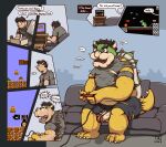 anthro black_hair bowser chubby_anthro clothing controller dialogue english_text erection famicom_console furniture game_controller game_screen genitals hair hi_res human laugh living_room male male/male mammal mario_bros nintendo penis simple_background sofa solo species_transformation speech_bubble taitora text torn_clothing transformation transformation_sequence 