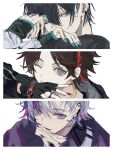  3boys absurdres aqua_eyes aqua_hair aqua_nails black_gloves black_hair black_jacket brown_hair ear_piercing fingerless_gloves fuwa_minato gloves hand_up highres jacket long_sleeves mayuzumi_kai multicolored_hair multiple_boys nijisanji nokoru_sora one_eye_closed piercing purple_hair purple_jacket red_nails saegusa_akina streaked_hair virtual_youtuber 