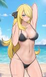  1girl arm_up beach bikini black_bikini blonde_hair blue_sky breasts closed_mouth cowboy_shot cynthia_(pokemon) grey_eyes hair_over_one_eye highres large_breasts lepypepy long_hair looking_at_viewer navel pokemon pokemon_(game) pokemon_dppt sky smile solo stomach swimsuit thighs very_long_hair 