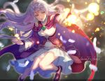  1girl artist_name bare_legs bare_shoulders bridal_gauntlets cape circlet commentary detached_sleeves dress feathers fingerless_gloves fire_emblem fire_emblem:_radiant_dawn fujikawa_arika gloves grey_hair hair_tubes half_updo highres jewelry light_particles long_hair long_sleeves micaiah_(fire_emblem) micaiah_(queen_of_dawn)_(fire_emblem) open_mouth outstretched_hand reaching red_cape shoes signature simple_background turtleneck_dress white_dress white_feathers yellow_eyes 