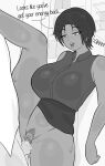  against_wall breasts cum cum_in_pussy cumdrip dark_skin english_text greyscale highres large_breasts mole monochrome office original penis pussy pussy_juice rover_(rover_png) seductive_smile short_hair skirt sleeveless smile sweat thick_thighs thighs vaginal 