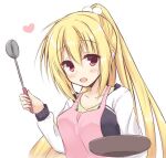  1girl apron arihara_nanami blonde_hair blush breasts cardigan casual collarbone commentary eyelashes eyes_visible_through_hair frying_pan hair_between_eyes heart holding holding_frying_pan holding_ladle igarashi_kenji ladle large_breasts long_hair looking_at_viewer open_mouth pink_apron pom_pom_(clothes) ponytail red_eyes riddle_joker simple_background smile solo straight_hair upper_body very_long_hair white_background white_cardigan 