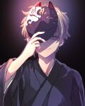  1boy arm_up black_background black_kimono blonde_hair closed_mouth commentary_request dark_background fingernails fox_mask gradient_hair grey_outline highres japanese_clothes kagerou_project kano_shuuya kimono looking_at_viewer male_focus mask mask_lift mask_on_head mokemoke_chan multicolored_hair one_eye_covered outline pink_outline purple_background shadow sleeves_past_elbows smile solo upper_body wide_sleeves yellow_eyes 