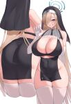  1girl ass ass_focus asuna_(blue_archive) back blue_archive blue_eyes breasts cleavage from_behind grin hair_over_one_eye halo highres huge_ass huge_breasts kuavera long_hair looking_at_viewer mole nun smile solo thick_thighs thighhighs thighs 
