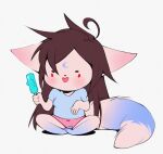  ahoge anthro biped blue_clothing blue_shirt blue_topwear brown_hair chibi clothing digital_media_(artwork) eyebrows facial_blush female food hair hi_res holding_food holding_object holding_popsicle iivochka ivochi_(iivochka) long_hair mammal open_mouth panties pantsless pink_clothing pink_panties pink_underwear popsicle red_eyes shirt simple_background sitting solo tail topwear underwear 