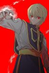  1boy androgynous blonde_hair chain earrings feet_out_of_frame hand_up highres hunter_x_hunter jewelry kurapika long_sleeves looking_at_viewer male_focus red_eyes serious short_hair simple_background solo standing tokyo_bbo 