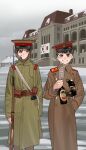 2girls absurdres alcohol ammunition_pouch bayonet belt bolt_action bottle breath brown_eyes brown_hair building buttons coat cold double-breasted grey_hair grin gun gun_sling hair_bun hand_in_pocket hat highres holding holding_bottle holding_gun holding_weapon imperial_japanese_army imperial_korean_army imperial_korean_flag japanese_flag korea korean_empire leg_wrap long_sleeves looking_at_another looking_at_viewer looking_to_the_side military military_hat military_uniform multiple_girls original peaked_cap pouch puttee pzkpfwi rifle scarf shoulder_boards single_hair_bun smile snow soldier standing star_(symbol) striped striped_scarf uniform weapon wine wine_bottle winter winter_clothes winter_coat world_war_i 
