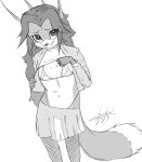  absurd_res anthro belly blulesnsfw canid canine clothed clothing digital_media_(artwork) exposing_chest female fishnet fishnet_legwear flat_chested fox hi_res legwear looking_at_viewer mammal mei_huo_(blulesnsfw) monochrome nipple_outline semi-transparent solo topwear translucent translucent_clothing 