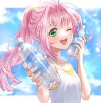  1girl akira_ituki blush bottle bottle_to_cheek camisole cloud flat_chest green_eyes hair_behind_ear hair_intakes holding holding_bottle looking_at_viewer macross macross_7 mylene_jenius open_mouth pink_hair pointy_ears ponytail sky smile solo tank_top water_bottle white_tank_top yellow_camisole 