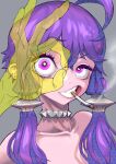  1girl absurdres ahoge bright_pupils choker cigarette clenched_teeth commentary_request ear_piercing grey_background grimace hair_ornament highres looking_at_viewer mouth_hold nude ok_sign ok_sign_over_eye parted_lips patterned_hair piercing pink_eyes portrait purple_hair raised_eyebrow semi-transparent short_hair_with_long_locks simple_background smoke_trail smoking solo spiked_choker spikes star_(symbol) star_print teeth thick_eyelashes tmasyumaro uneven_eyes unmoving_pattern vocaloid voiceroid white_pupils yuzuki_yukari 