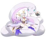  1girl absurdres blue_eyes breasts bubble_tea bubble_tea_challenge cleavage counter:side groin highres large_breasts long_hair looking_at_viewer machine-g.a.p. official_art robot saliva sitting_on_animal snake speech_bubble thighhighs white_hair white_snake yamata_no_orochi_(counter:side) 