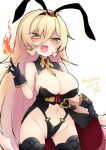  1girl black_gloves blonde_hair blush breasts fang fire gloves grey_thighhighs hair_between_eyes large_breasts long_hair nijisanji nui_sociere open_mouth partially_fingerless_gloves reku solo thighhighs very_long_hair virtual_youtuber yellow_eyes 