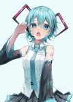  1girl alternate_hair_length alternate_hairstyle aqua_eyes aqua_hair aqua_nails aqua_necktie bare_shoulders black_skirt black_sleeves breasts collared_shirt commentary_request detached_sleeves fang gao hair_between_eyes hair_ornament hand_up hatsune_miku headset highres looking_at_viewer murumuru_(pixiv51689952) necktie number_tattoo open_mouth pleated_skirt shirt short_hair shoulder_tattoo simple_background skin_fang skirt sleeveless sleeveless_shirt small_breasts solo tattoo vocaloid wide_sleeves 