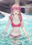  1girl :d ^_^ absurdres bikini closed_eyes highres hinamizawa_hinami navel original pink_hair pool smile solo swimsuit tetto_(onnoveltet) twintails wading water_slide wet 