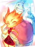  1boy 1girl animification blue_eyes breasts disney elemental_(creature) elementals_(disney) ember_lumin fiery_hair fire fumio_(rsqkr) highres medium_breasts orange_eyes pleated_skirt purple_shirt rainbow shirt skirt sleeveless sleeveless_sweater smile sweater t-shirt v wade_ripple water 