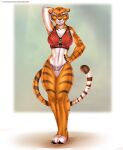  2015 anthro biped breasts claws cleavage clothed clothing doomthewolf dreamworks felid female fur genitals hand_behind_head hand_on_hip hi_res kung_fu_panda mammal master_tigress muscular muscular_anthro muscular_female navel nipple_outline one_eye_closed orange_body orange_eyes orange_fur pantherine panties partially_clothed raised_arm shirt smile solo standing striped_body striped_fur stripes tank_top thigh_gap tiger toe_claws topwear towel underwear whiskers white_body white_fur wink 
