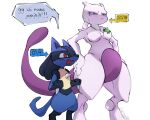  5:4 ambiguous_gender anthro biped blue_body dialogue duo fur generation_1_pokemon generation_4_pokemon itz_smi73 legendary_pokemon lucario mewtwo nintendo open_mouth pink_body pokemon pokemon_(species) pokemon_unite purple_body purple_eyes red_eyes simple_background speech_bubble tan_body tan_fur white_background 