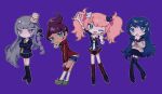  4girls arm_up asahina_aoi bear_hair_ornament black_footwear black_necktie black_ribbon black_shirt blonde_hair blue_hair blue_sailor_collar blue_skirt blue_theme blush boots braid chibi cup_ramen cup_ramen_on_head danganronpa:_trigger_happy_havoc danganronpa_(series) enoshima_junko food food_on_head green_eyes grey_hair grey_necktie grey_shirt hair_ornament hair_ribbon highres jacket kara_aren kirigiri_kyouko knee_boots long_hair maizono_sayaka miniskirt multiple_girls necktie object_on_head plaid plaid_skirt pleated_skirt purple_background red_hair red_jacket red_skirt ribbon sailor_collar shirt shoes short_hair shorts side_braid simple_background skirt socks twintails v white_socks 