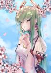  1girl absurdres bare_shoulders blue_sky blurry blush breasts budgiepon c.c. cherry_blossom_print cherry_blossoms code_geass collarbone commentary cosplay day depth_of_field detached_sleeves earrings falling_petals fingernails floral_background floral_print fox_shadow_puppet genshin_impact glint green_hair hair_between_eyes hand_up highres jewelry long_hair long_sleeves looking_at_viewer medium_breasts nontraditional_miko nose outdoors parted_lips petals red_ribbon ribbon shirt sideboob sidelocks sky sleeveless sleeveless_shirt smile solo straight_hair upper_body very_long_hair white_shirt white_sleeves wide_sleeves yae_miko yae_miko_(cosplay) yellow_eyes 