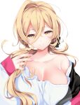  1girl ariko_youichi bare_shoulders blonde_hair blush breasts cleavage closed_mouth collarbone hair_between_eyes large_breasts long_hair looking_at_viewer nijisanji nui_sociere nui_sociere_(2nd_costume) shirt solo upper_body very_long_hair virtual_youtuber white_background white_shirt yellow_eyes 